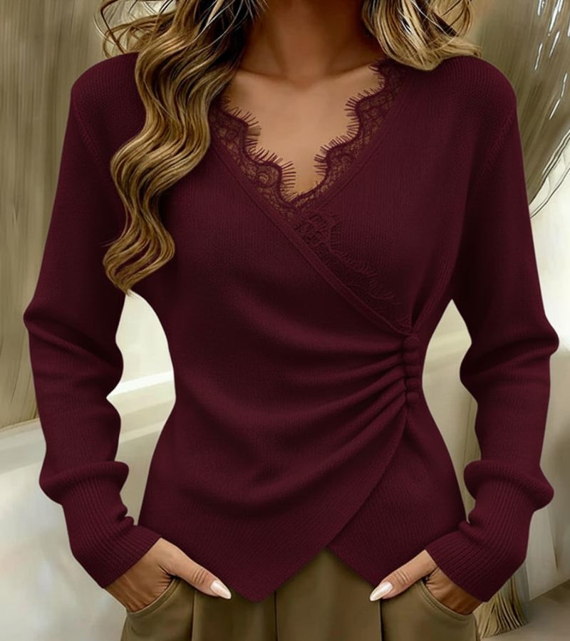 KATIA™ | Elegante Top met V-hals en Kanten Details voor Dagelijks en Chic Gebruik