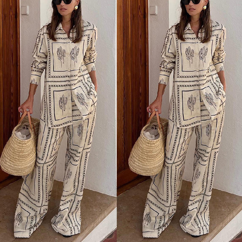 2-delig dames set met geometrische print: shirt en broek met wijd been