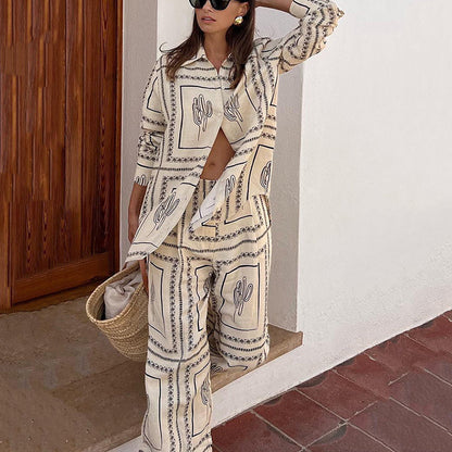 2-delig dames set met geometrische print: shirt en broek met wijd been
