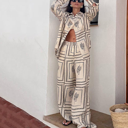 2-delig dames set met geometrische print: shirt en broek met wijd been