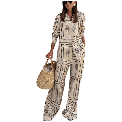 2-delig dames set met geometrische print: shirt en broek met wijd been
