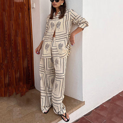 2-delig dames set met geometrische print: shirt en broek met wijd been